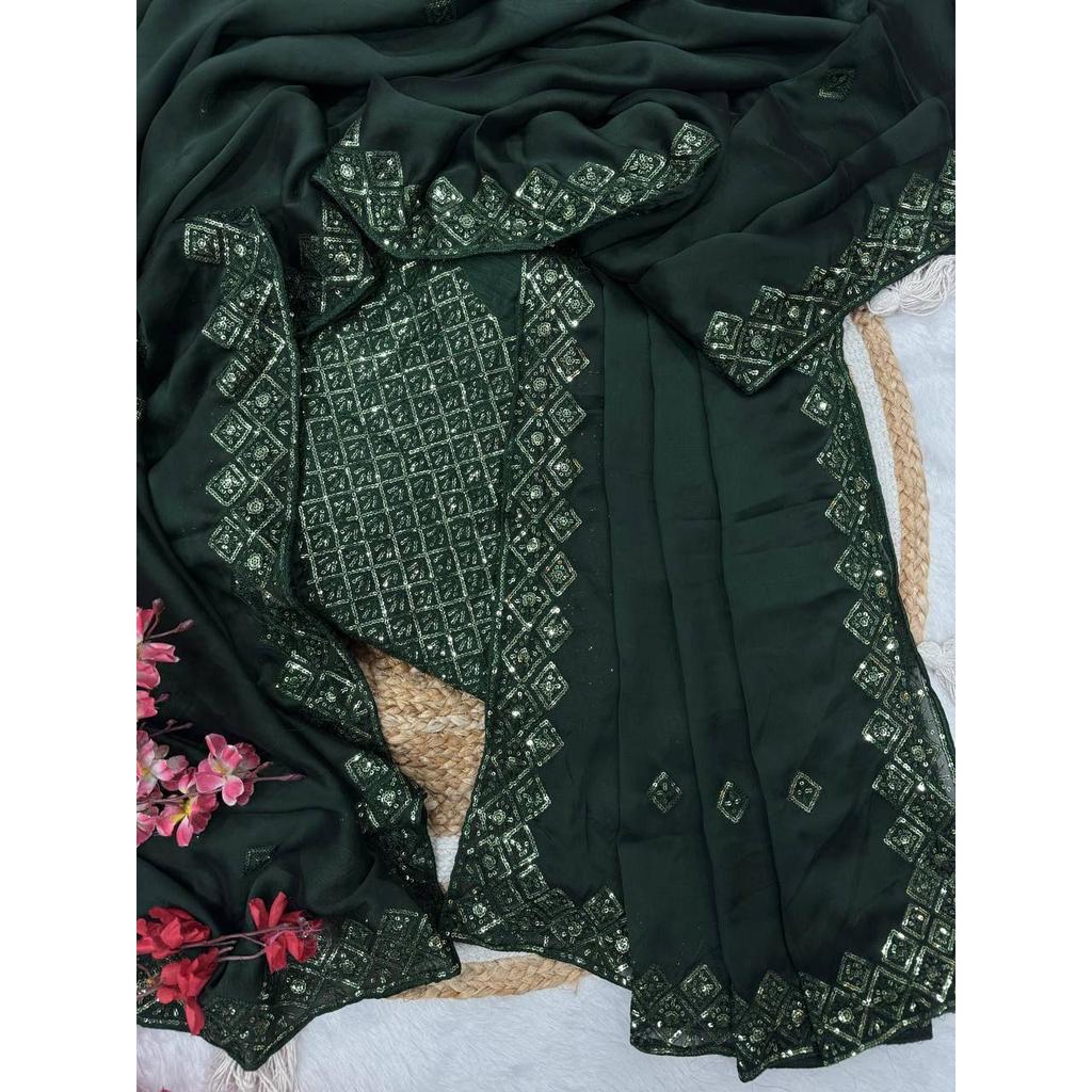 Мягкий шелк ранголи Красивое сари с вышивкой пайетками