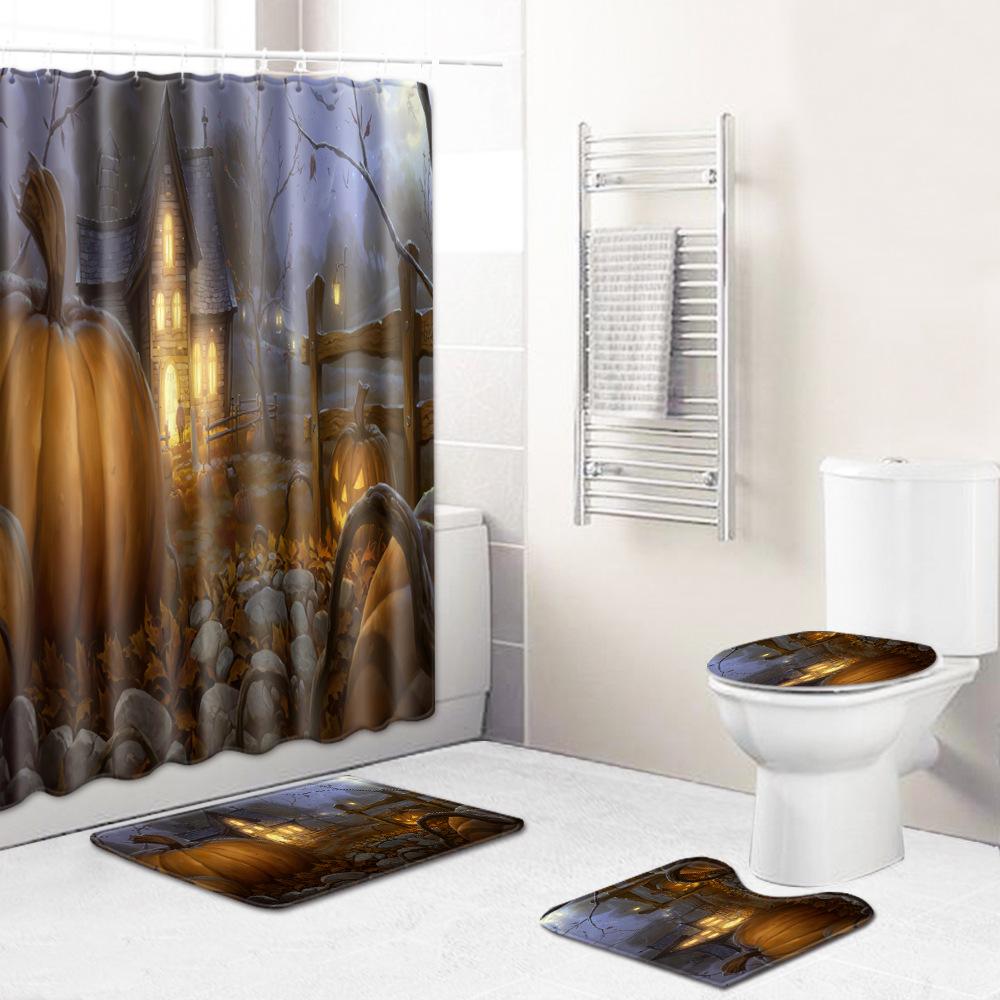 Halloween Series Bathroom Shower Curtain Floor Mat Toilet Cover Foot Mat Four-Piece Pattern Size