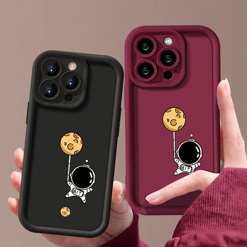 Простой матовый противоударный чехол для телефона с рисунком лунного астронавта для iPhone 16 Pro Max 15 Pro 14 13 12 11 XS XR 8 7, защита линз, мягкий бампер из ТПУ