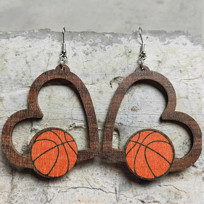 Heart-shaped sports earrings, football, World Cup, baseball, rugby, basketball, tennis, volleyball, geometric hollow earrings