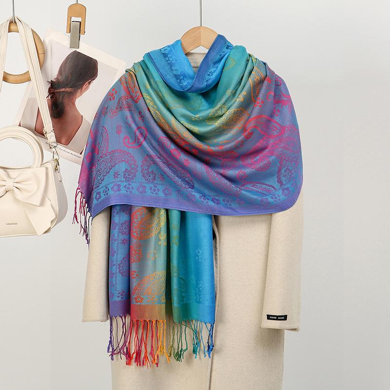 Boho Elegant Jacquard Pashmina Imitation Cashmere Scarf Winter Thick Warm Rainbow Color Shawl Wrap Coldproof Blanket Scarf Stole