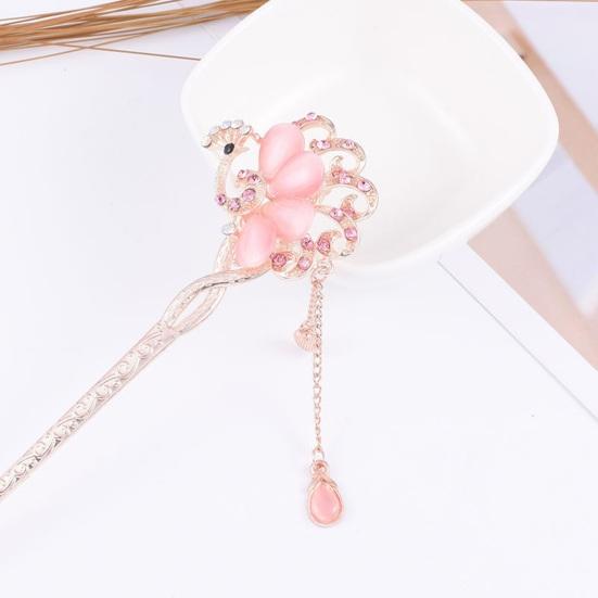 Women Hair Stick Chinese Style Vintage Colorful Rhinestone Flower Decor Tassel Hollow Out Exquisite Stainless Alloy Lightweight Hair Fork Hanfu