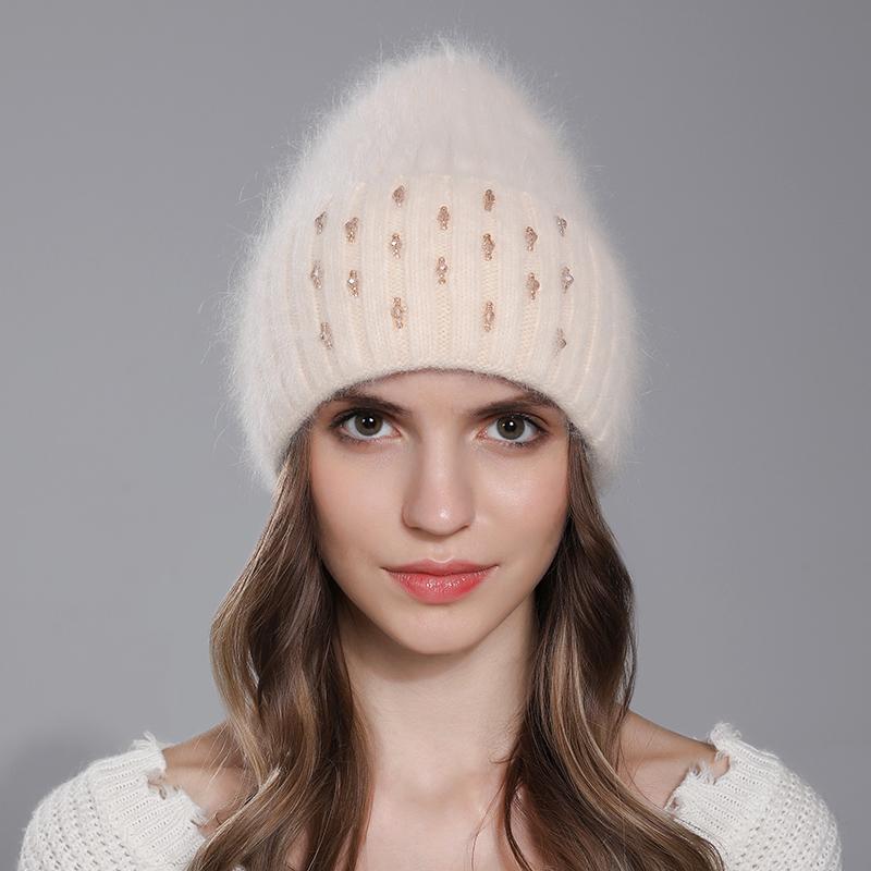 Winter Hat For Women Warm Knitted Angora Rabbit Fur Beanies Fashion With Bead Hats Female High Quality Casual Luxury Cap