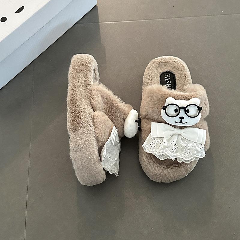 Нишевые милые мультяшные пушистые туфли для женской осени и зимы, новые, на толстой подошве, для улицы, теплые и увеличивающие рост хлопковые тапочки