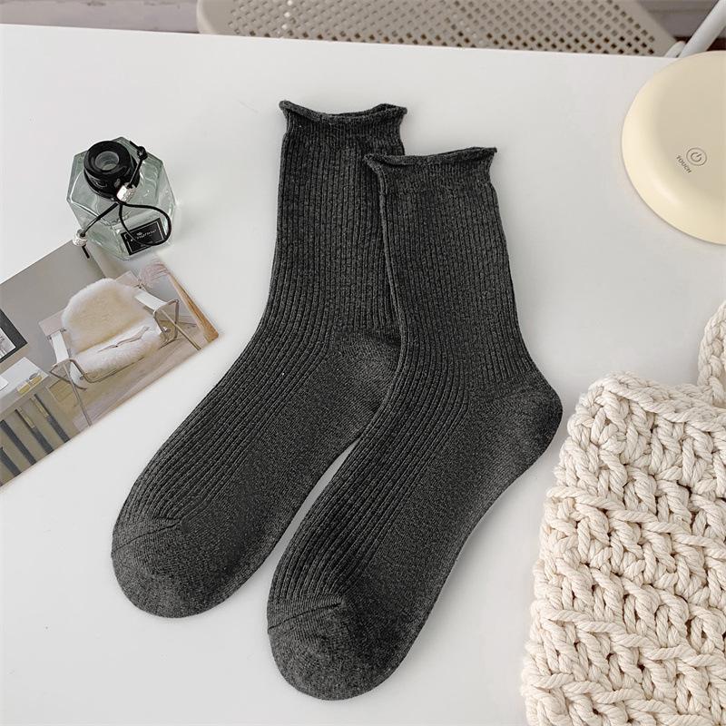 Закатанные носки-гольфы для женщин, весенне-осенние однотонные хлопковые носки до середины икры, бежевые простые и универсальные длинные носки, летние