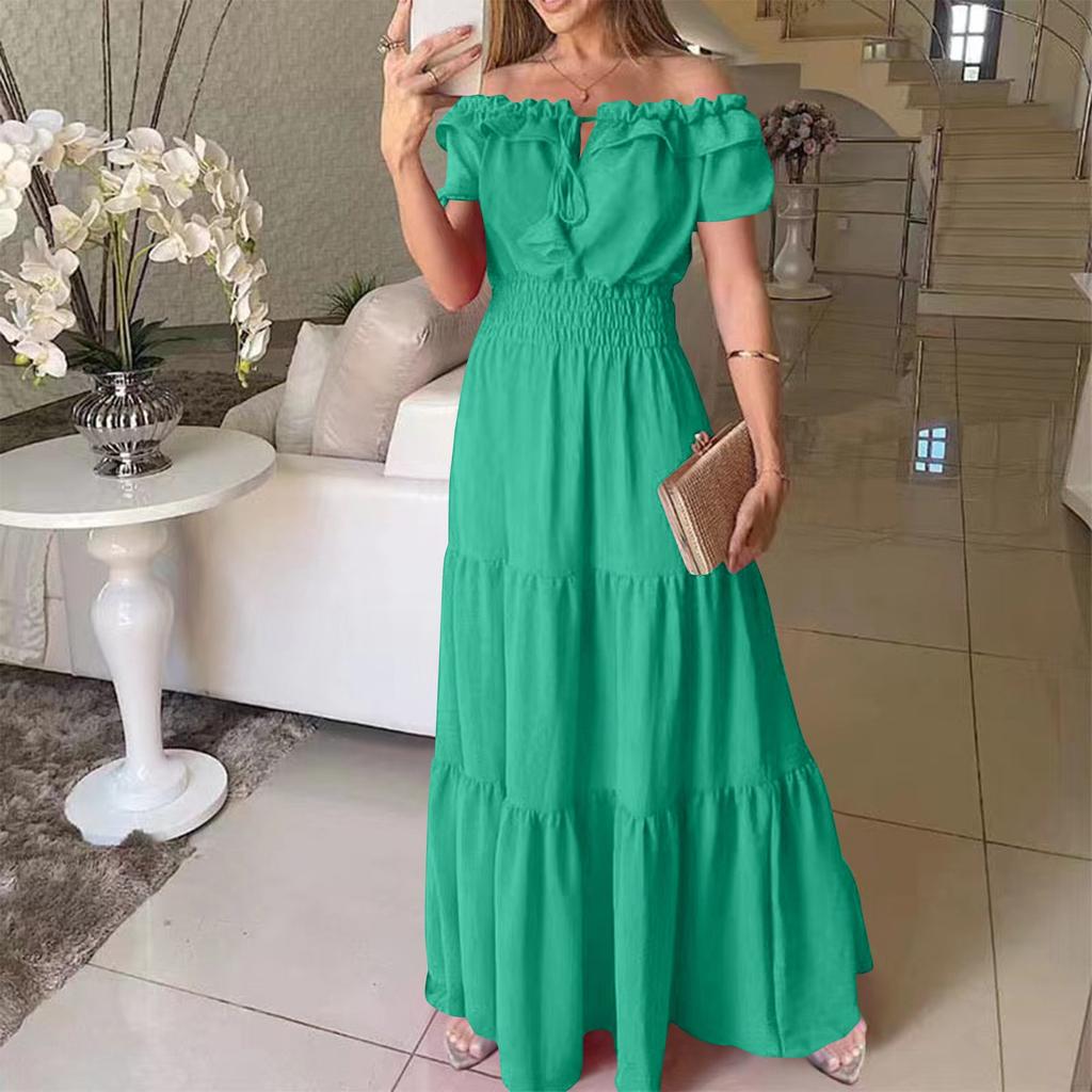 Women's Summer Casual Solid-color Tie Dress With Fringes, Strapless Cuffs And Puffed Sleeves