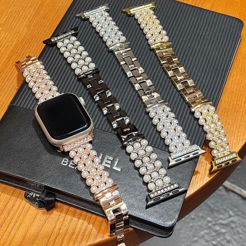 Металлический ремешок с жемчугом для Apple Watch Band 49 46 45 44 42 41 40 38 мм Женские украшения Бриллиантовый браслет Correa для iWatch S10 9 8 7 6 SE