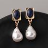 Korean Baroque Pearl Earrings Bluestone Square Earrings Personality Fashion Retro Geometric Stud Earrings for Women Jewelry Gift