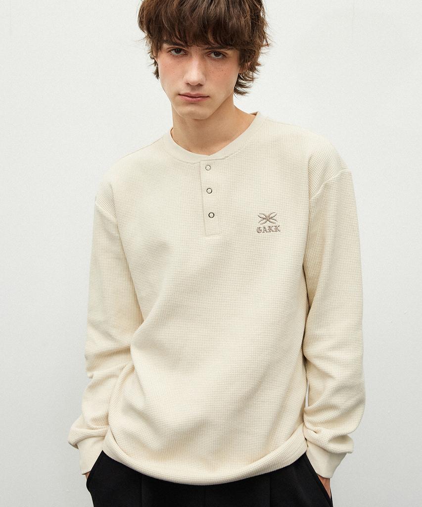 GAKKAI UNIONS Rib Henley Neck Waffle Long Sleeve Beige