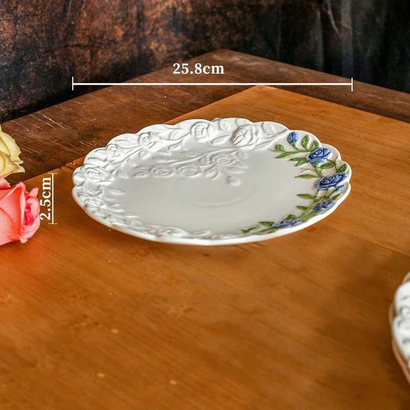 Керамические тарелки с розами во французском стиле для ресторана, послеобеденного чая, десерта, фруктов, подноса для вечеринки, изысканной домашней посуды