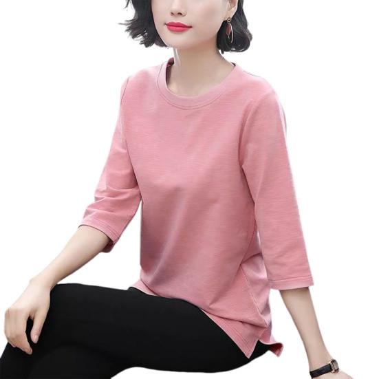 Women Tops O-Neck 3/4 Sleeve Solid Color Elastic Pullover Tops Regular Fit Summer T-shirt Daily Wear