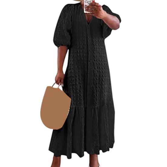 Женское летнее платье с V-образным вырезом и половиной рукавов, сплошной цвет, свободное трапециевидное лоскутное платье с рюшами до щиколотки, однобортное пляжное платье макси больших размеров