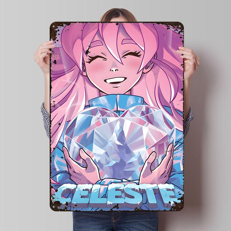 Celeste Game Fanart With Heart Crystal Metal Poster Customized Wall Art Retro Vintage Tinplate Signs for Man Cave Bathroom Decor