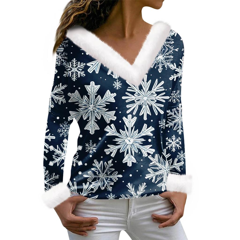 Женская футболка с рождественским принтом, футболка с длинным рукавом, флисовый воротник, топ с V-образным вырезом