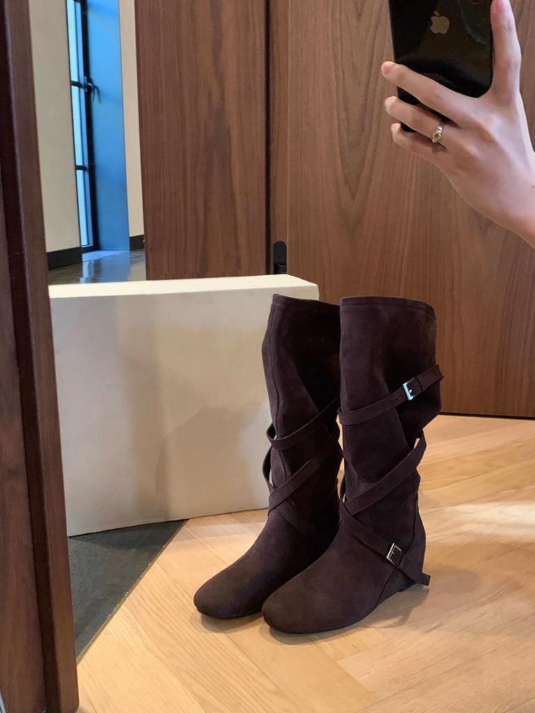 Cowhide~ Heel Height Increased 6cm, Genuine Leather Boots, Western Boots, Women's Pleated Stacking Boots, Medium Tube Buckle Strap, Thin Knight Boots