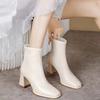 Fashionable  Skin Short Boots Women's Chunky High Heels Side Zipper All-Match Winter Boot Korean Style Flat Booties