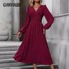 Autumn and Winter Women's Dress Medium Slant Neck Lantern Sleeve Pleated Decorative Waist Dresses