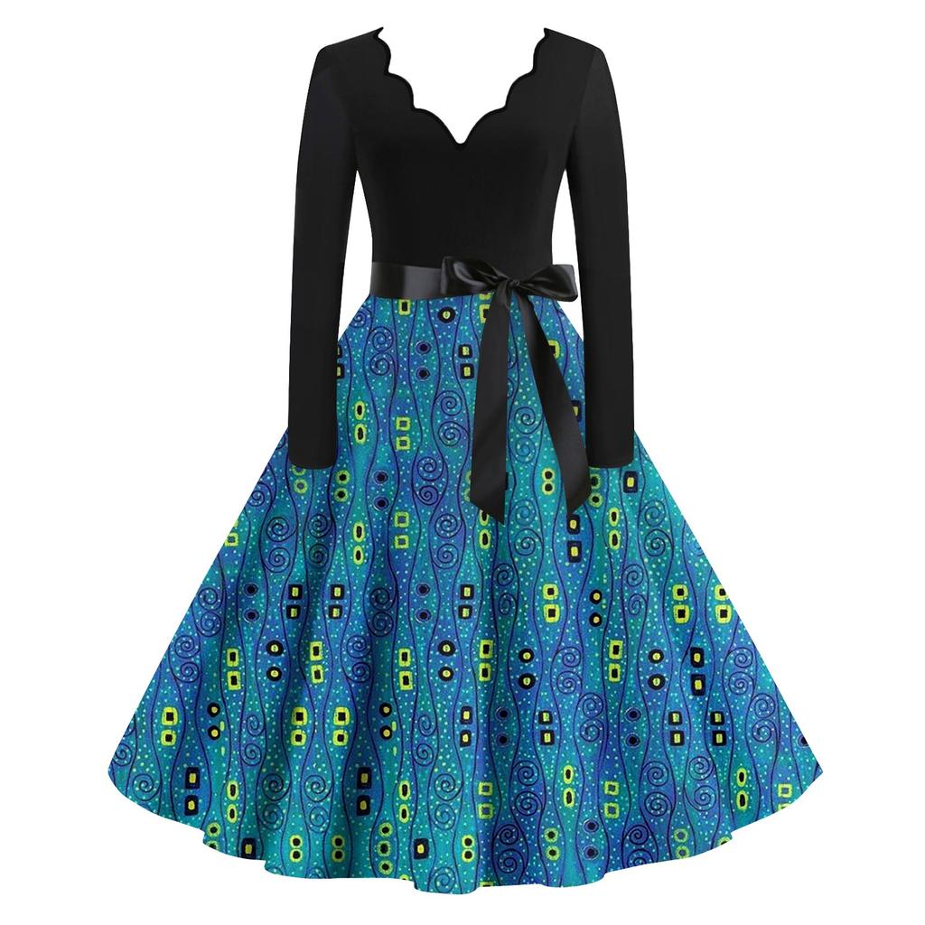 Женские повседневные модные винтажные длинные платья с длинным рукавом на Хэллоуин и графическим принтом