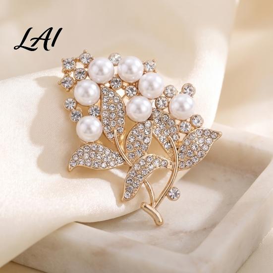 Sturdy Metal Brooch Flower Branch with Decorative Lapel Rhinestones Faux Pearls Pin Floral for Wedding Party Dainty Jewelry Accessory Women