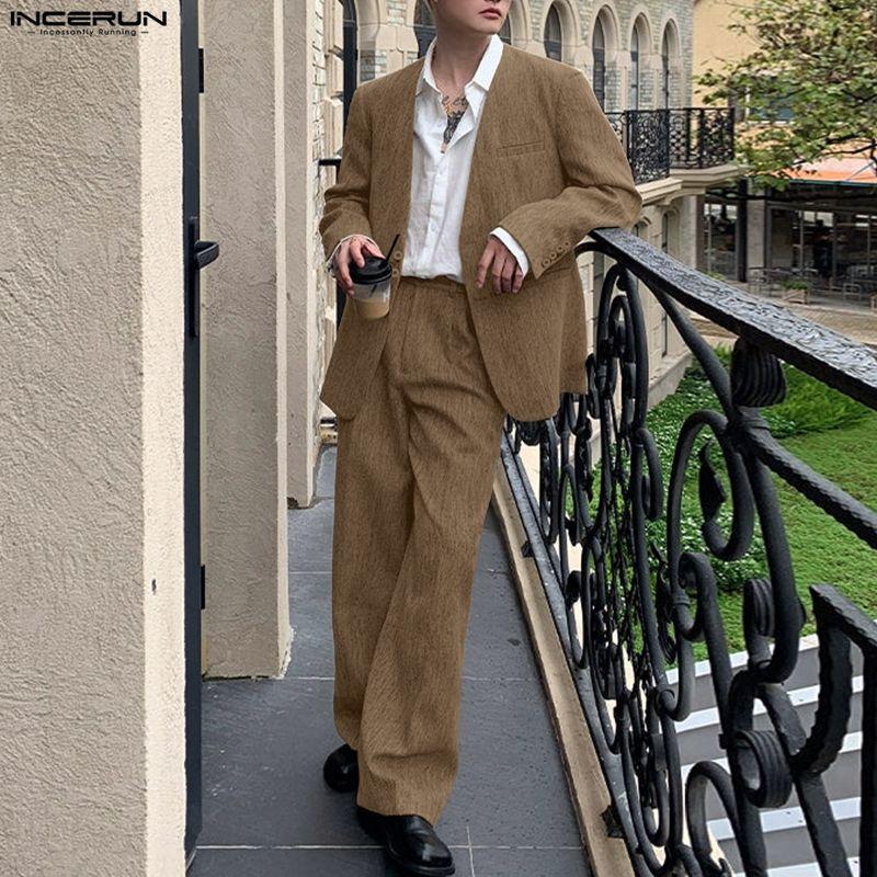 INCERUN Мужские костюмы из двух частей: тонкий блейзер с длинным рукавом, длинные прямые брюки, свободные комплекты
