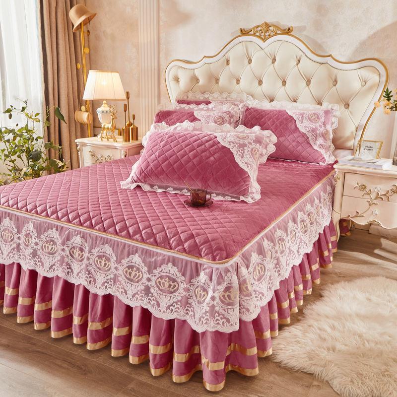 3 шт. Утолщенная кружевная юбка для кровати на осень и зиму, Кружевная накидка на кровать из кристального бархата, Мягкая и удобная, Постельное белье для спальни и гостевой комнаты