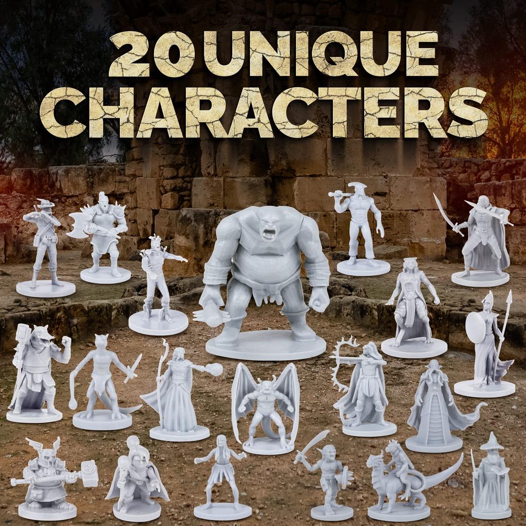 Path Gaming 20-Piece Unpainted Miniature Set – 28mm Fantasy Heroes, Monsters, and NPCs for Dungeons & Dragons & Pathfinder