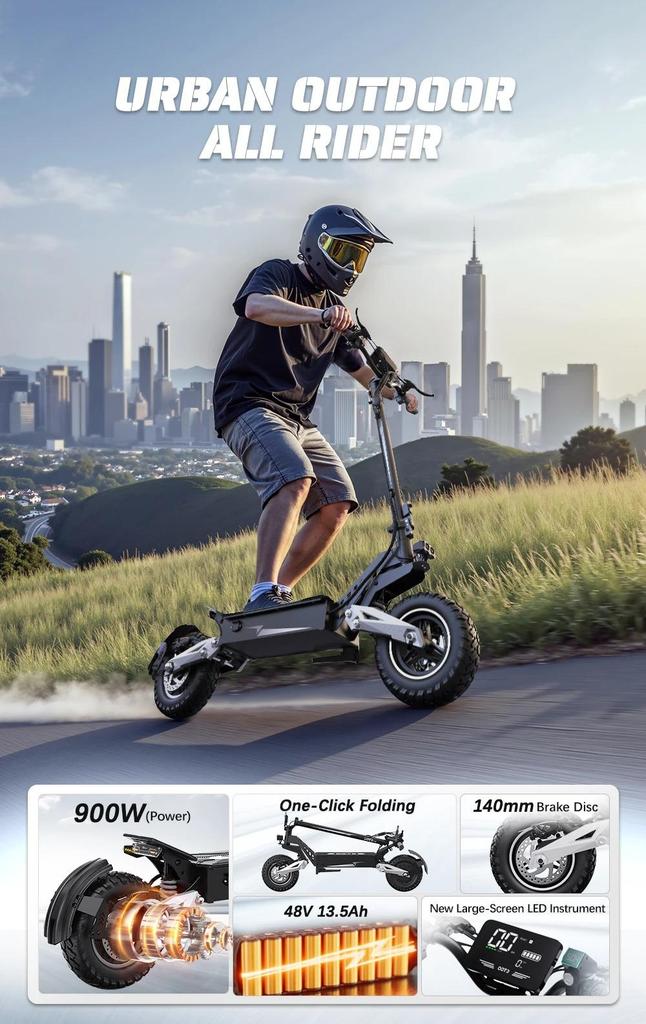 OOTD T10 900W Motor 48V13.5AH Electric Scooter Max Speed 50km/h Max Range 45km Led Display Hydraulic Brake Foldable E-scooter