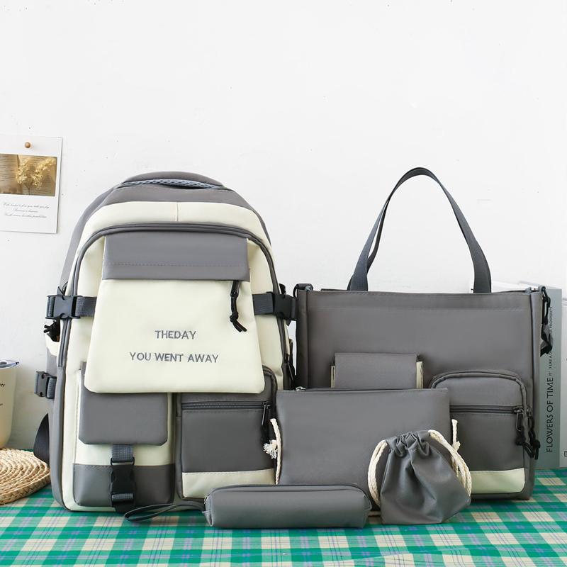 Five-Piece Backpack Set Color Block Schoolbag Women's Lightweight Backpack Large Capacity Travel Backpack for Students