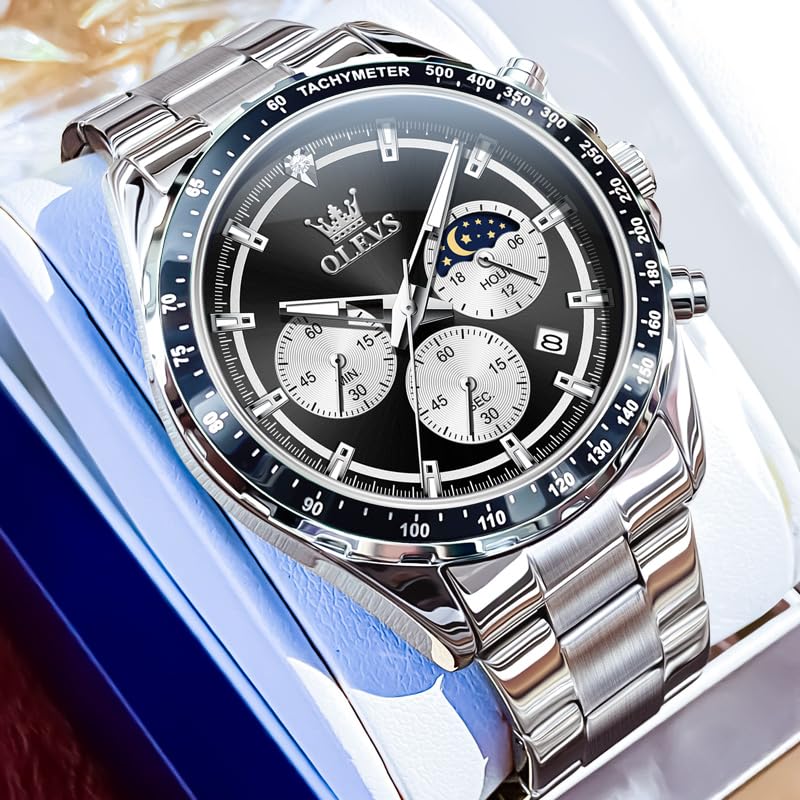 Кварцевые часы OLEVS Moon Watch для мужчин с металлическим черным ремешком, Популярные, Деловые, Студенческие, Фаза Луны, Хронограф, Мужские, Подарок, Люминесцентные, Водонепроницаемые, Дата, Ремешок,