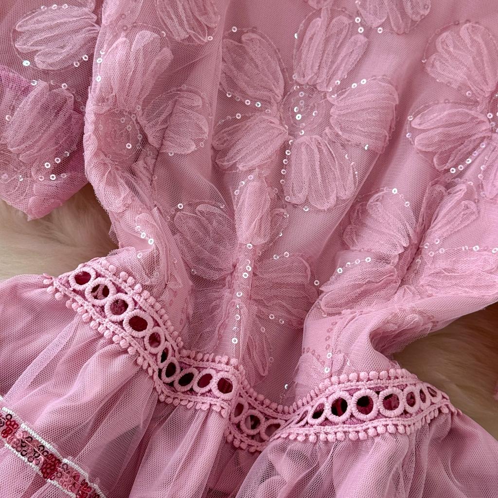 Летние женские сладкие блестящие цветочные розовые сетчатые вечерние платья с вырезами