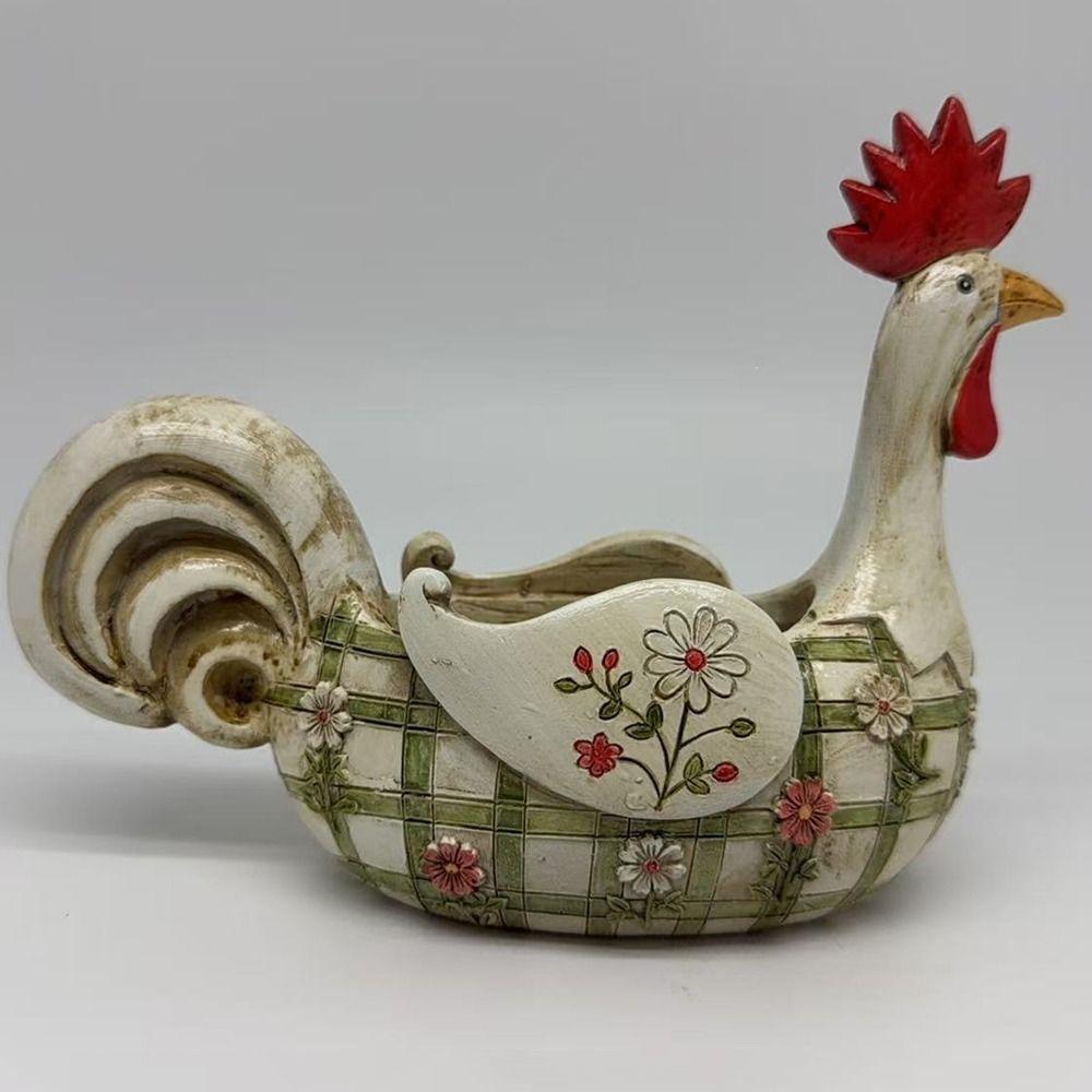 Gingham Daisy Print Kitchen Rooster Storage Basket Resin Rooster Utensil Holder Home Dining Table