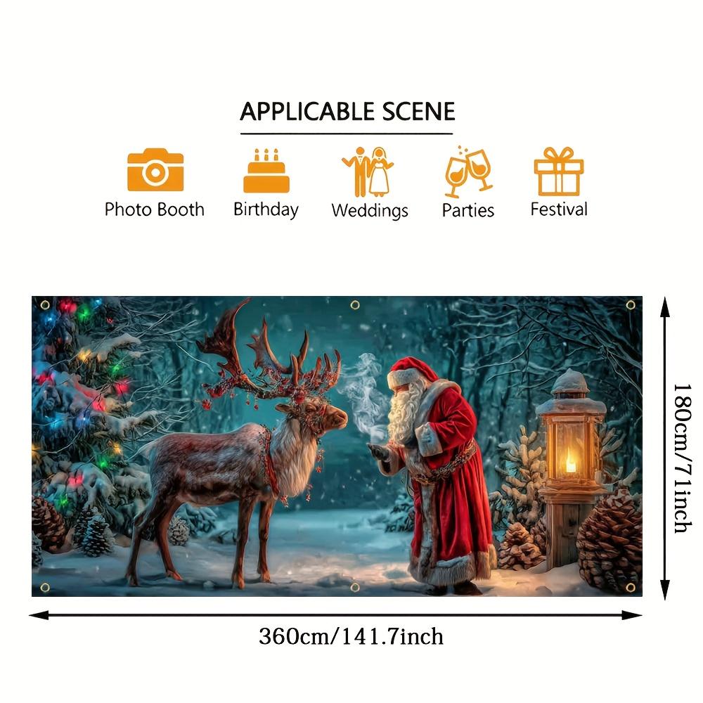 2D door banner for winter holiday decorations with Santa Claus reindeer and colorful Christmas trees