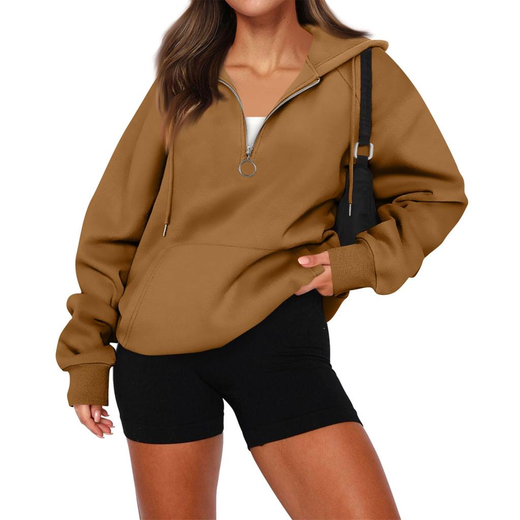 Women's Casual Fashion Long Sleeve Solid Color Zip Hooded Sweatshirt Top With Pocket