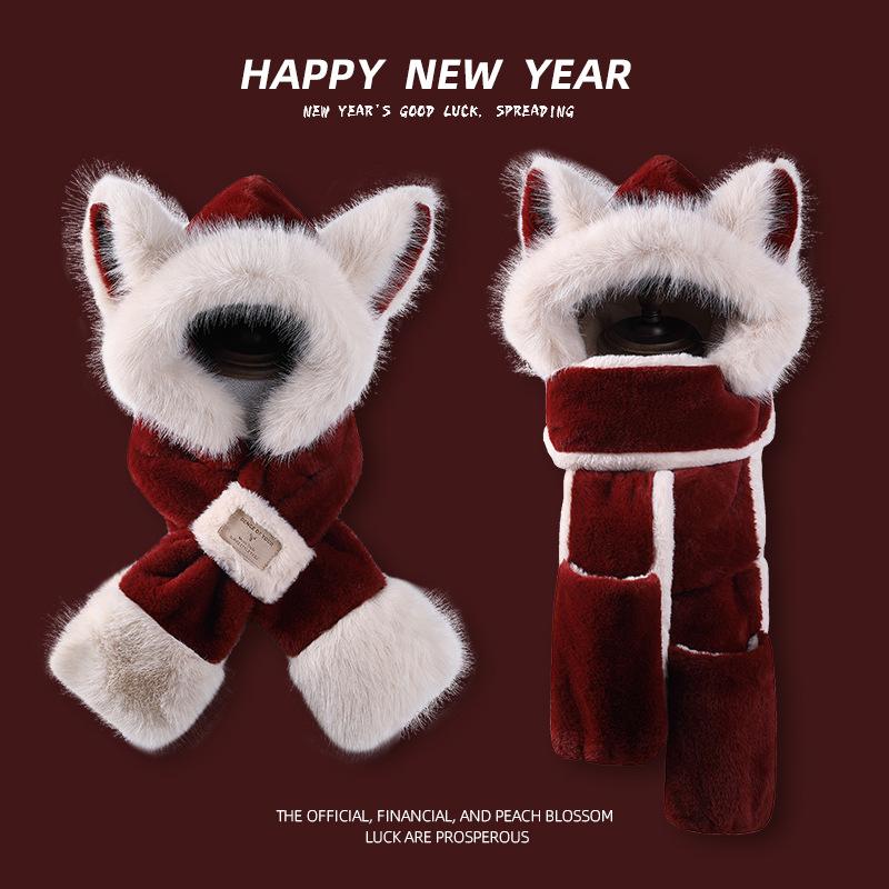 New Christmas plush thermal hat cute bear hat scarf winter women's outdoor thickened hooded scarf integrated