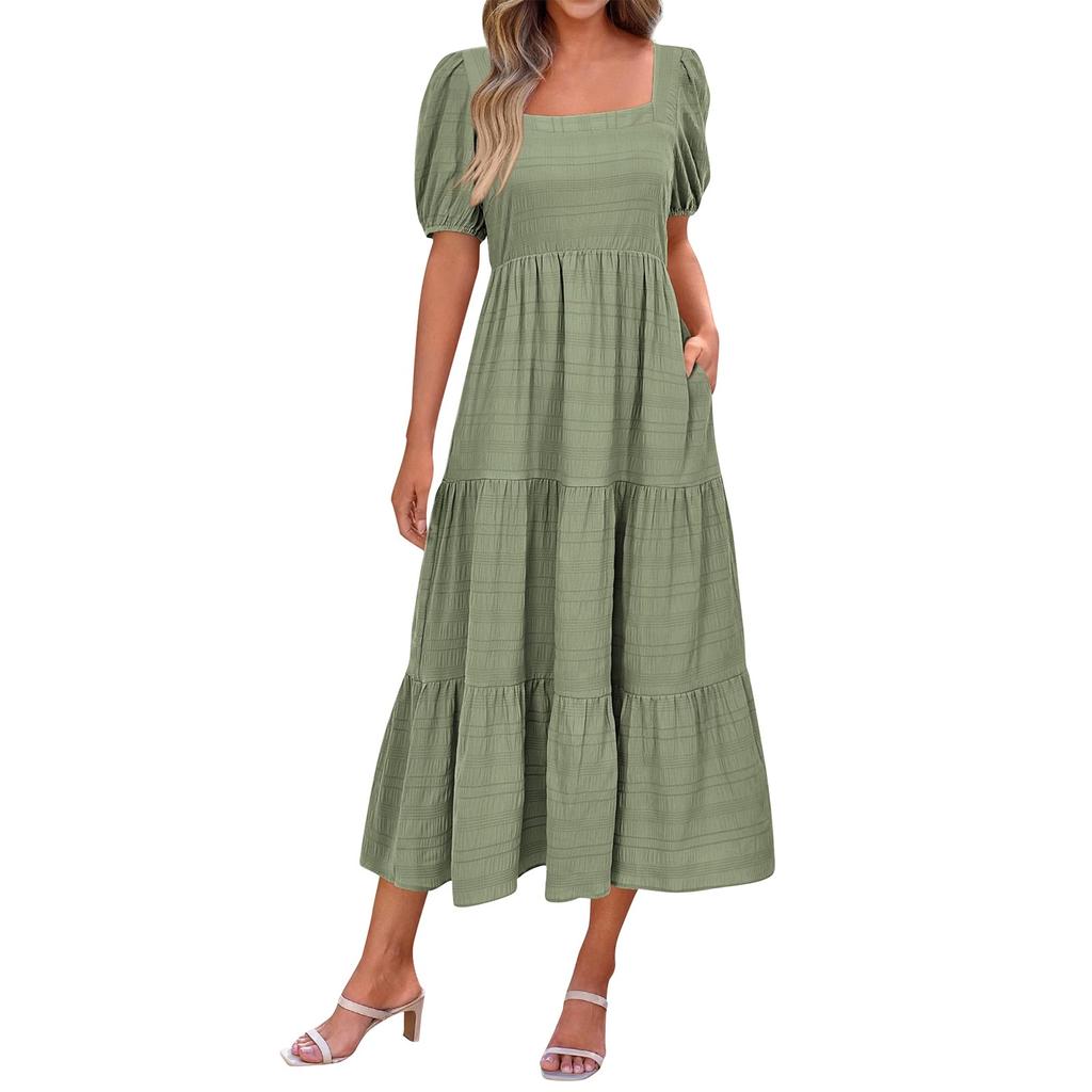 Women's Fashionable Solid Color Bubble Sleeve Square Neck Back Pleated Short Sleeved Pocket Dress