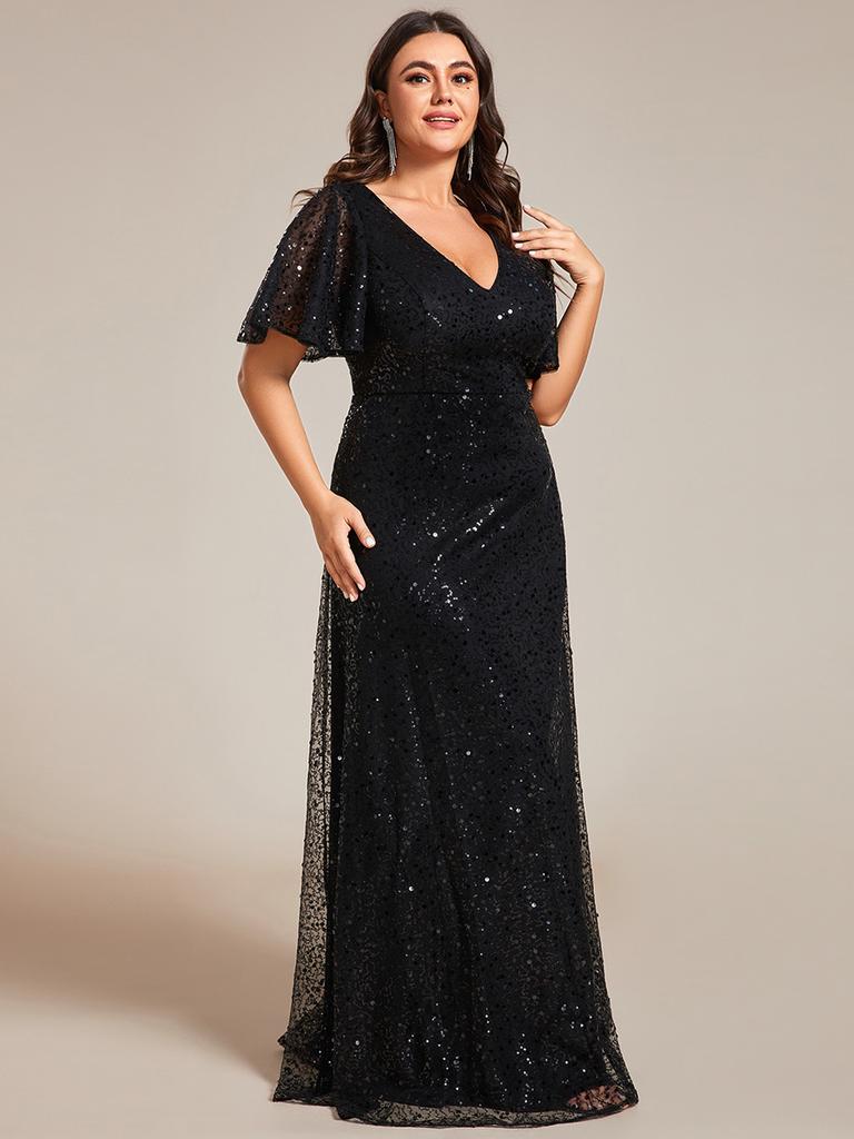 Ever-Pretty Women's Plus Size Shiny Sequin V-Neck A-Line Evening Dresses with Ruffles Sleeves