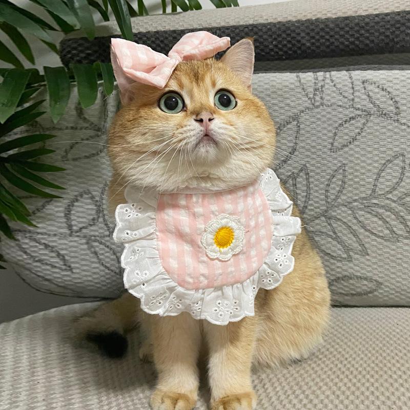 Plaid elastic dog cat pet saliva towel lace lace pet triangle scarf bib supplies