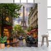 Romantic Parisian Street Shower Curtain - Eiffel Tower, Vintage Cars, Cobblestone Street, Polyester, 12 Hooks