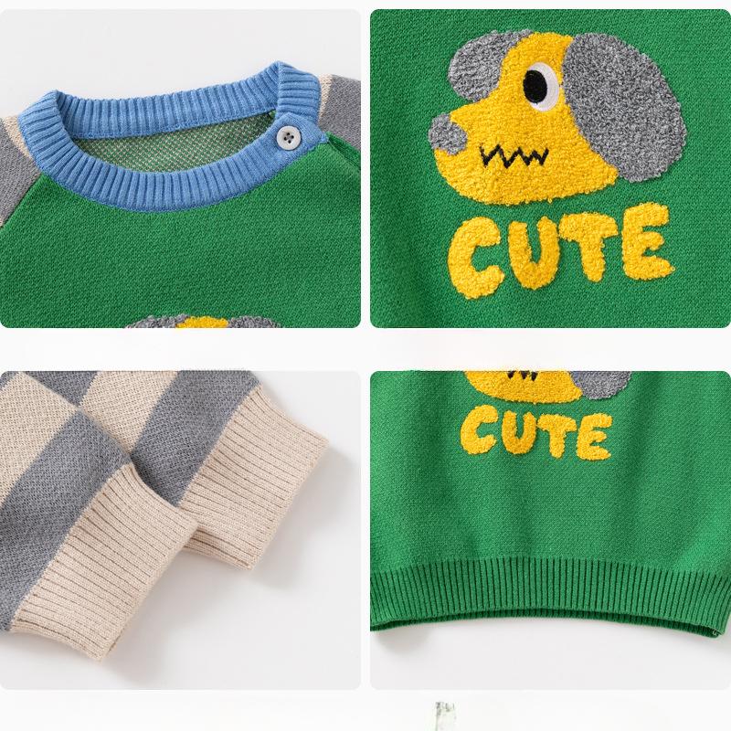 Children's Soft Cute Dog Color Striped Shirt Spring and Autumn Boys Knitted Cotton Sweater
