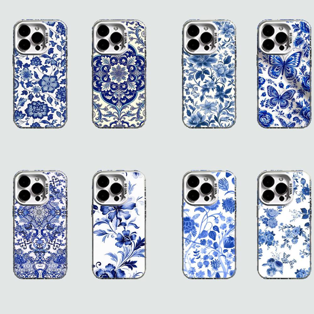 Сине-белый фарфоровый чехол Жесткий чехол для телефона для IPhone 16 15 14 13 12 11 Pro Max Plus16E X XR XS Max ударопрочный Полное покрытие