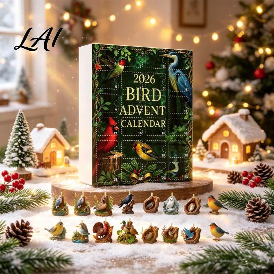 Holiday Tree Decorations Bird Themed Advent Calendar 24Pcs Acrylic 2D Ornament Set with Christmas Countdown Calendar Hanging String Decor Gift for