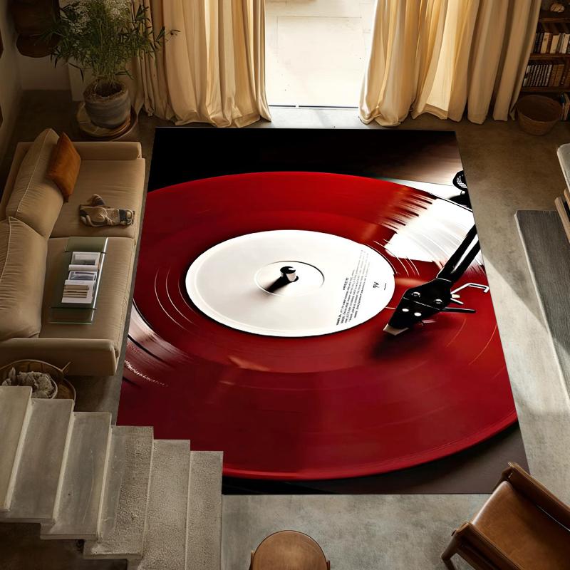 Retro Red Vinyl Record Player Area Rug Music Turntable Print Washable Non-Slip Carpet Doormat for Living Room Bedroom Studio