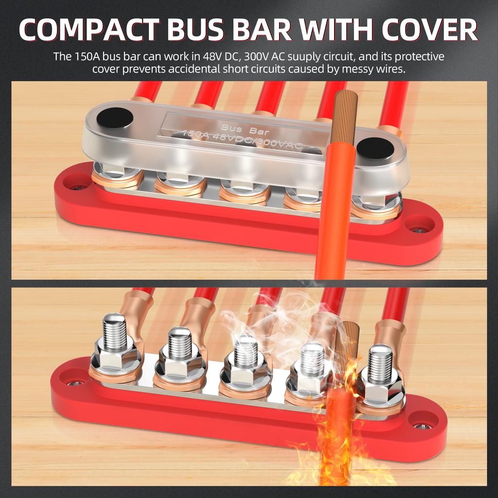 Распределительный блок питания DaierTek Bus Bar 12 В с крышкой, клеммная колодка с 5 штифтами 1/4 дюйма, макс. 150 А, 48 В постоянного тока, положительный и отрицательный для автомобиля