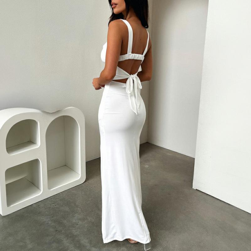 Европейское и американское летнее сексуальное однотонное облегающее платье без рукавов с разрезом на спине