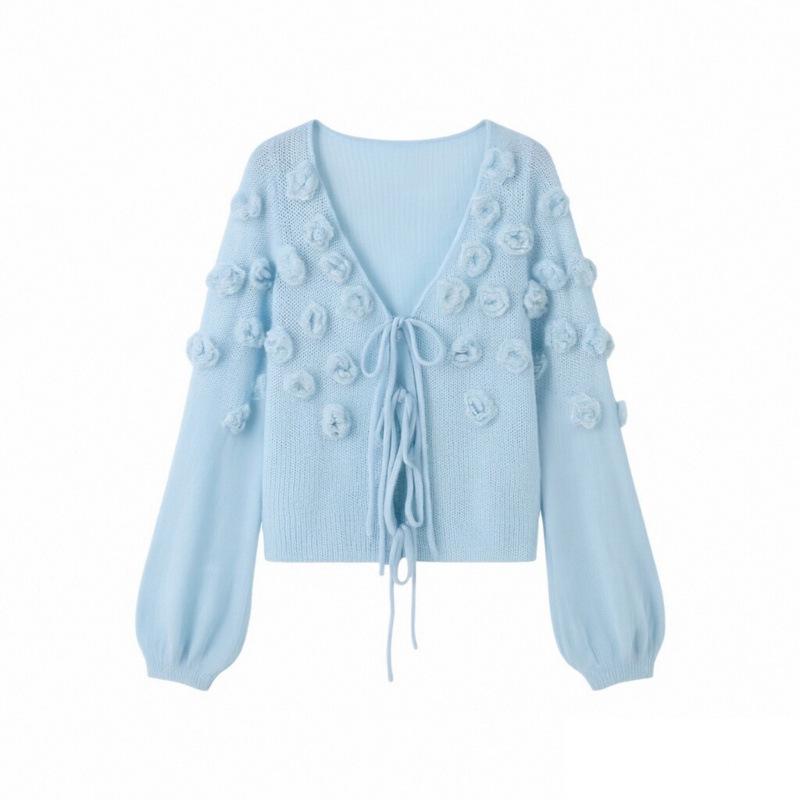 Women's Sweet French Floral 3D V-Neck Lace-Up Knit Cardigan Sweater