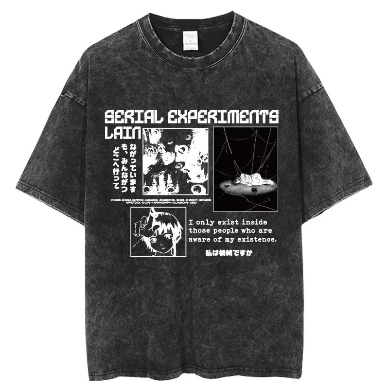Anime Serial Experiments Lain Vintage Washed T Shirt Summer Men Women Tshirt Cotton Harajuku Oversized Short Sleeve Tees Tops