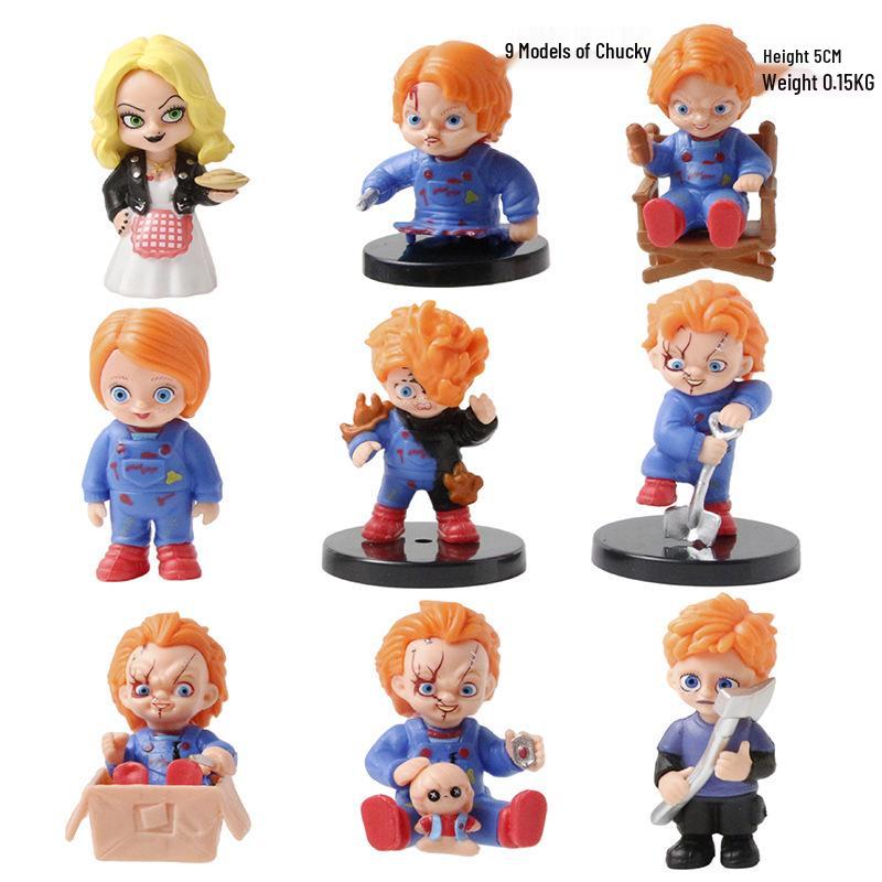 9 Chucky Doll Figurine Styles: Chainsaw, Raven, Clown, Scream, Night of the Living Dead - Halloween Toy Models & Ornaments.