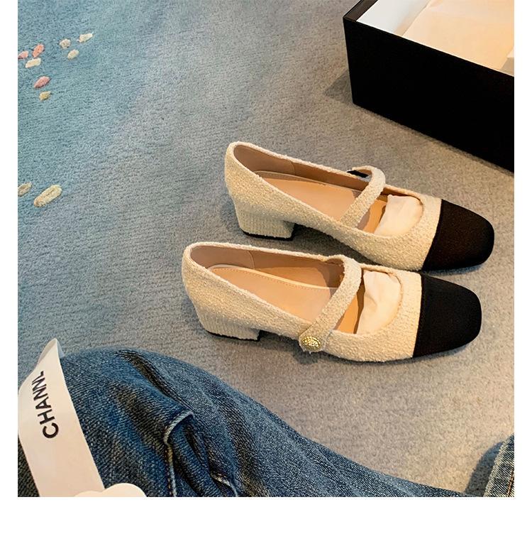 Sheepskin version Xiaoxiangfeng shoes woolen high heels women's one-button thick heel Mary Jane shoes versatile shoes light mouth single shoes