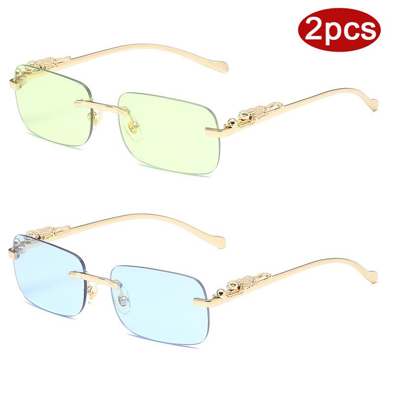 2Pcs Fashion Rimless Metal Square Sunglasses Women Leopard Decoration Sun Glasses Outdoor Colorful Lens Shades Female Uv400