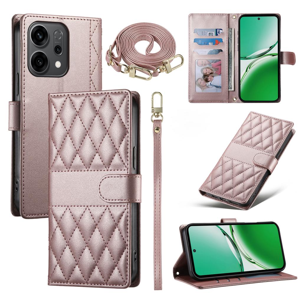 Для Oppo Reno14 5G (Глобальный) Чехол Кошелек с ромбовидной прострочкой Подставка Кожаный чехол для телефона с длинным/коротким ремешком